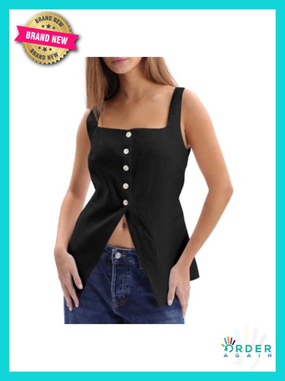 100% Linen Sleeveless Button Up Vest Square Neck Waistcoat